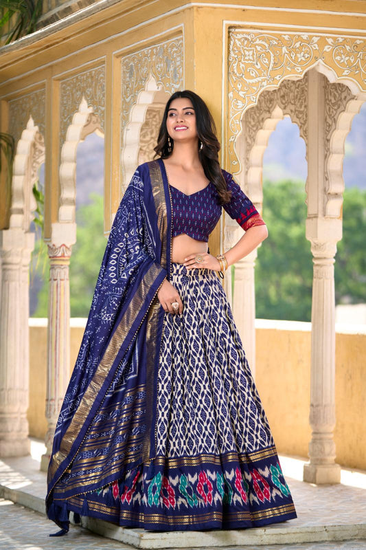 Blue Opulent Tussar Silk Navratri Garba Lehenga Choli