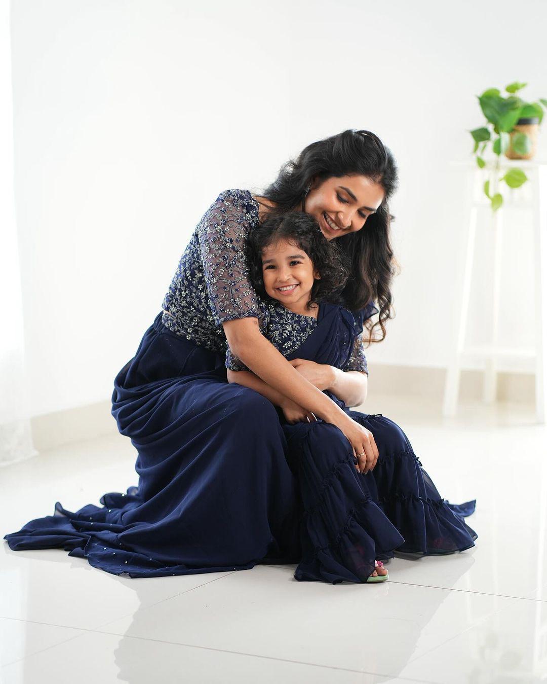 Mother-Daughter Designer Party Wear Lehenga Saree Combo in Navy and Wine