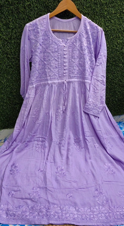 Lavendar Fancy Chikankari Cotton Ombre Gown kurti and Pant Set