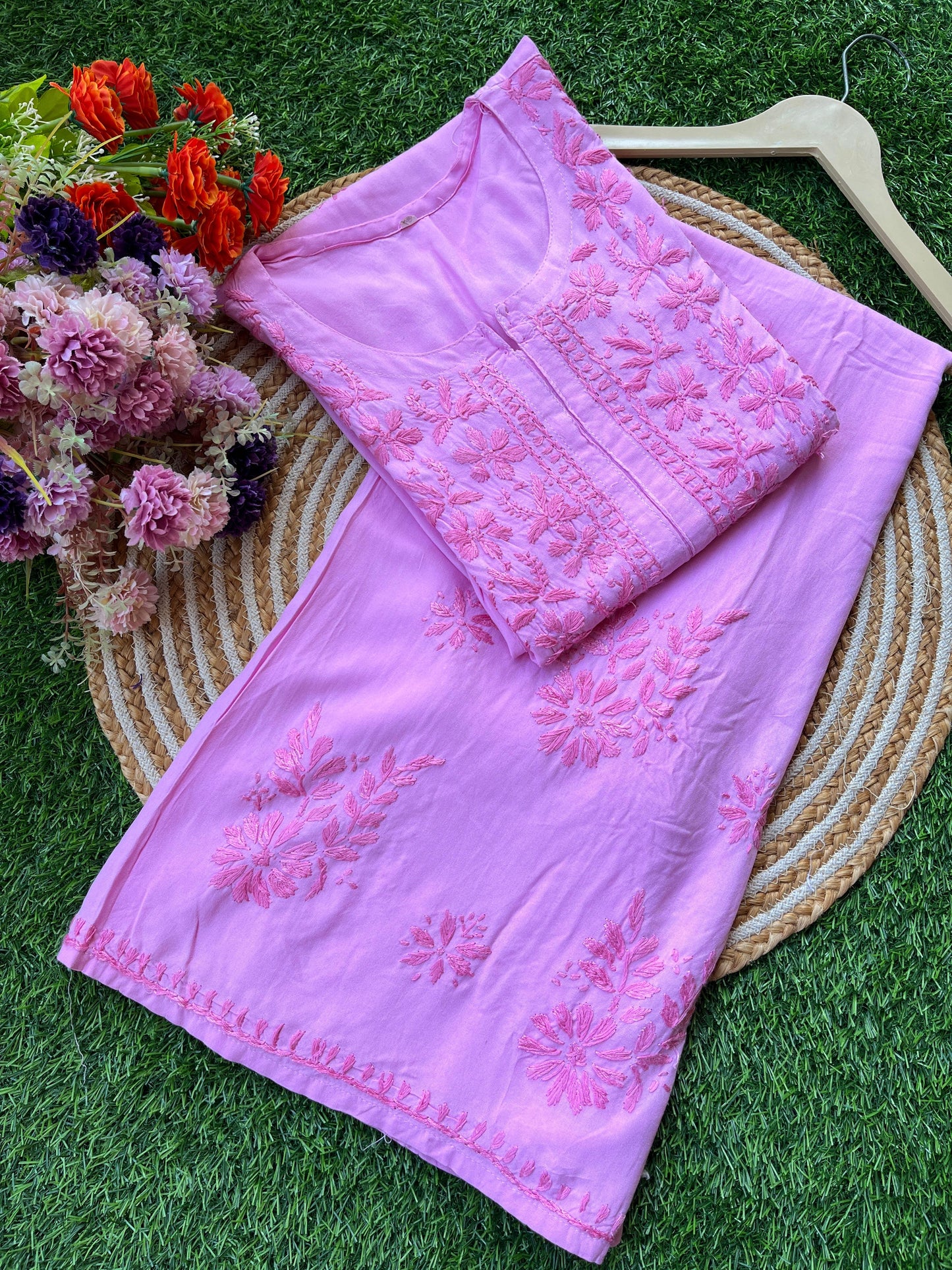 Light Pink PLUS SIZE PREMIUM Lucknow Chikankari Handcrafted Rayon Kurti & Palazzo Set