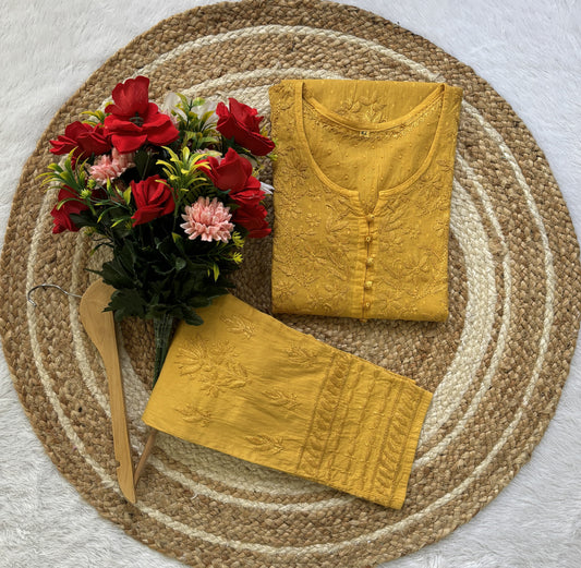 Mustard Lucknowi Chikankari Heavy Work Kurti & Handcrafted Lycra Cotton Pant Set ❤️