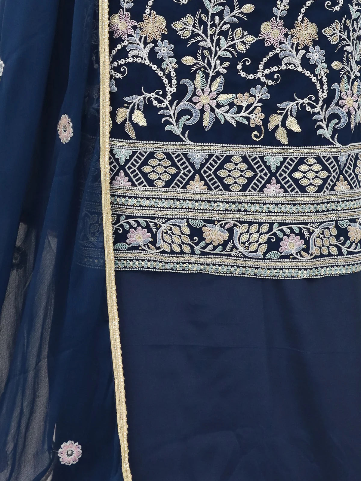 Peacock Blue  Indo-Western Georgette Sharara Suit Set with Chinon Dupatta