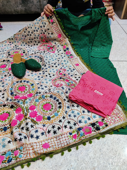 Green Pink 4-Piece Punjabi Kurta Salwar Set with Phulkari Mirror Work Dupatta and Jutti