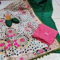 Green Pink 4-Piece Punjabi Kurta Salwar Set with Phulkari Mirror Work Dupatta and Jutti
