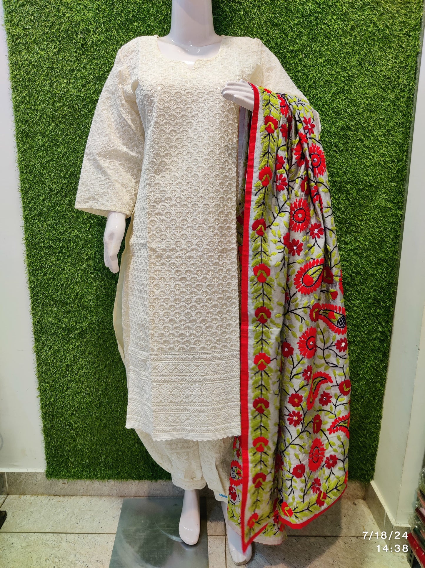 Design 2 - Chikankari Kurti with Chikan Afghani and Handworked Super Champ Raw Silk Dupatta