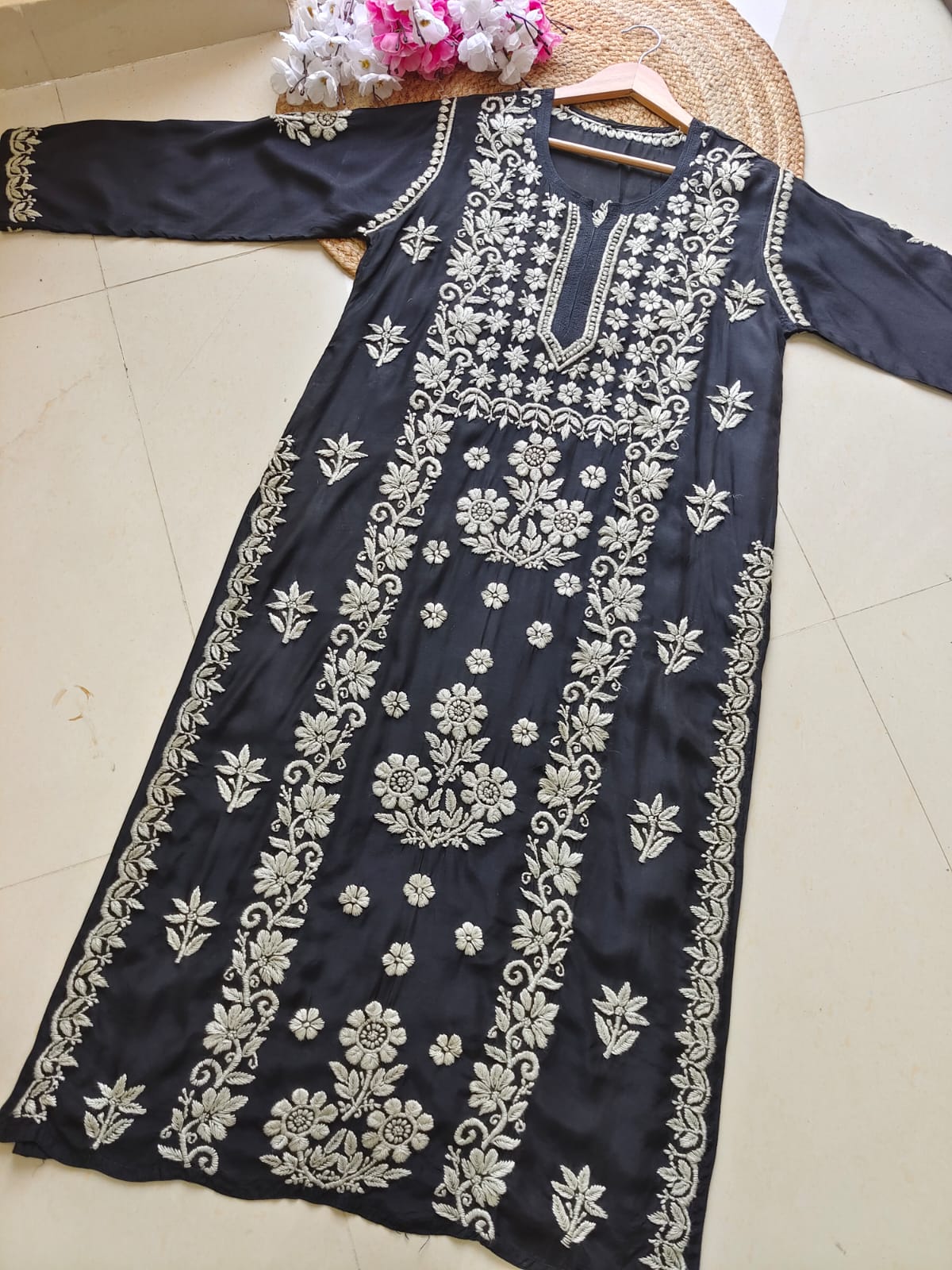 Black Pure Muslin 3D Work Lucknow Chikankari Kurta