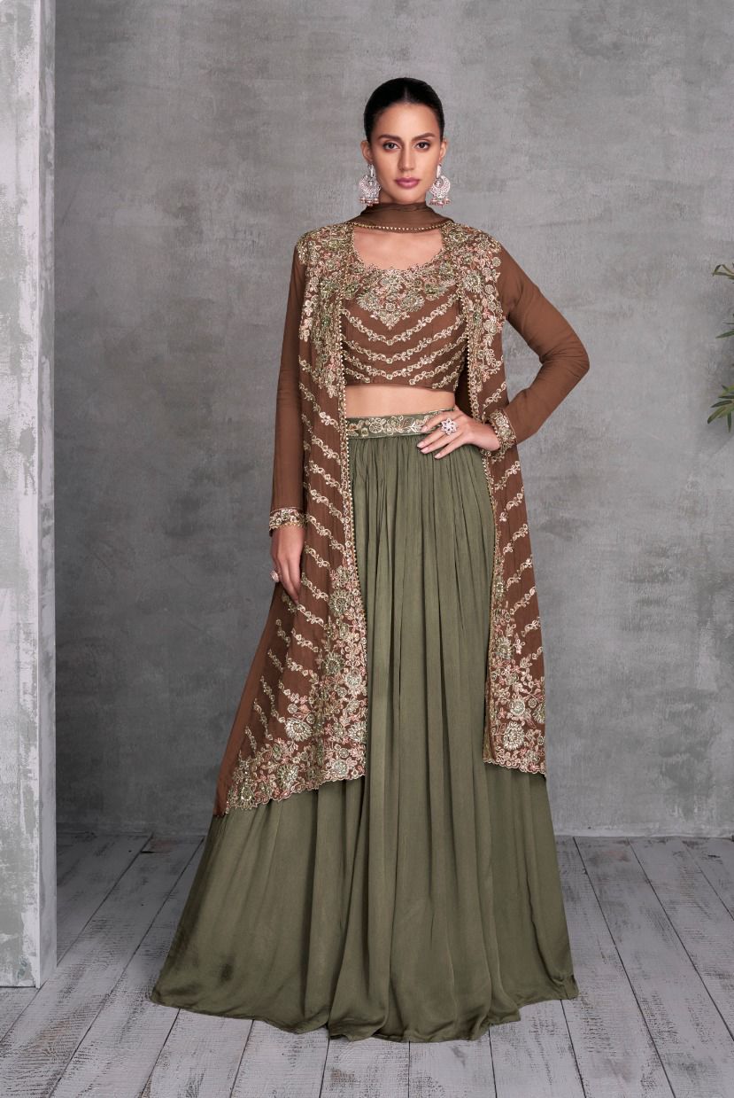 Brown Opulence Premium Indo-Western Long Jacket Top & Lehenga Set