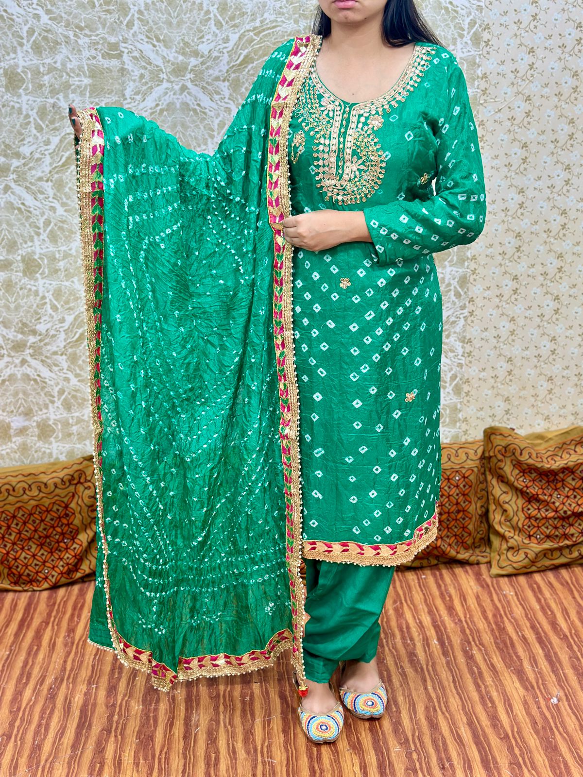 Green Silk Bandhani Salwar Kameez with Dupatta