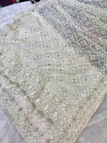 Off-White Silk Organza Saree with Lucknowi & Silver Zari Embroidery