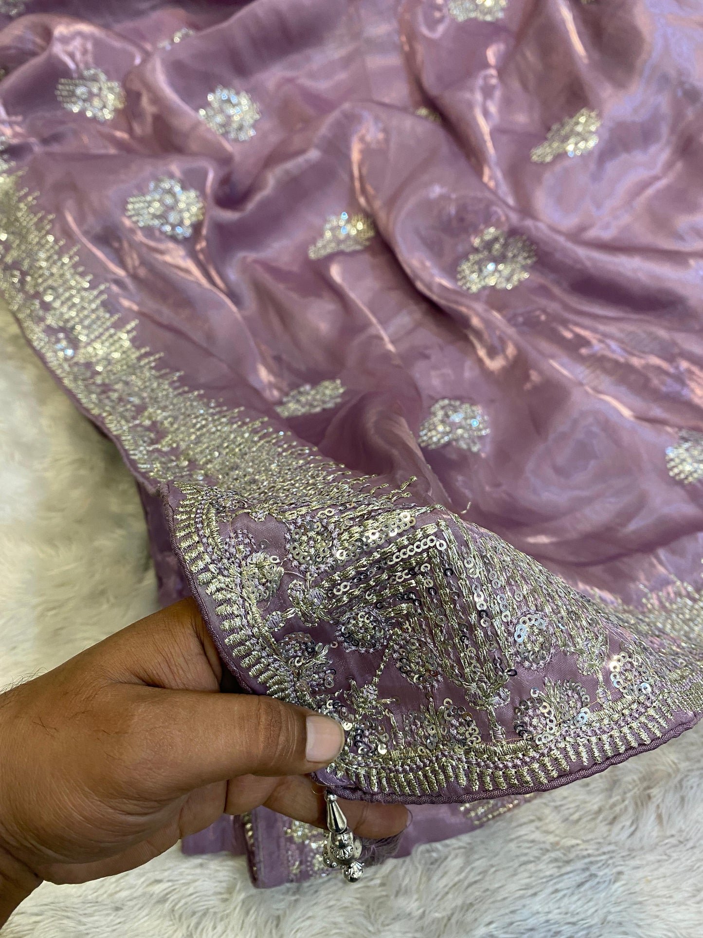 Lavender Shining Pure Crystal Silk Jimmy Choo Saree with Sequins & Zari