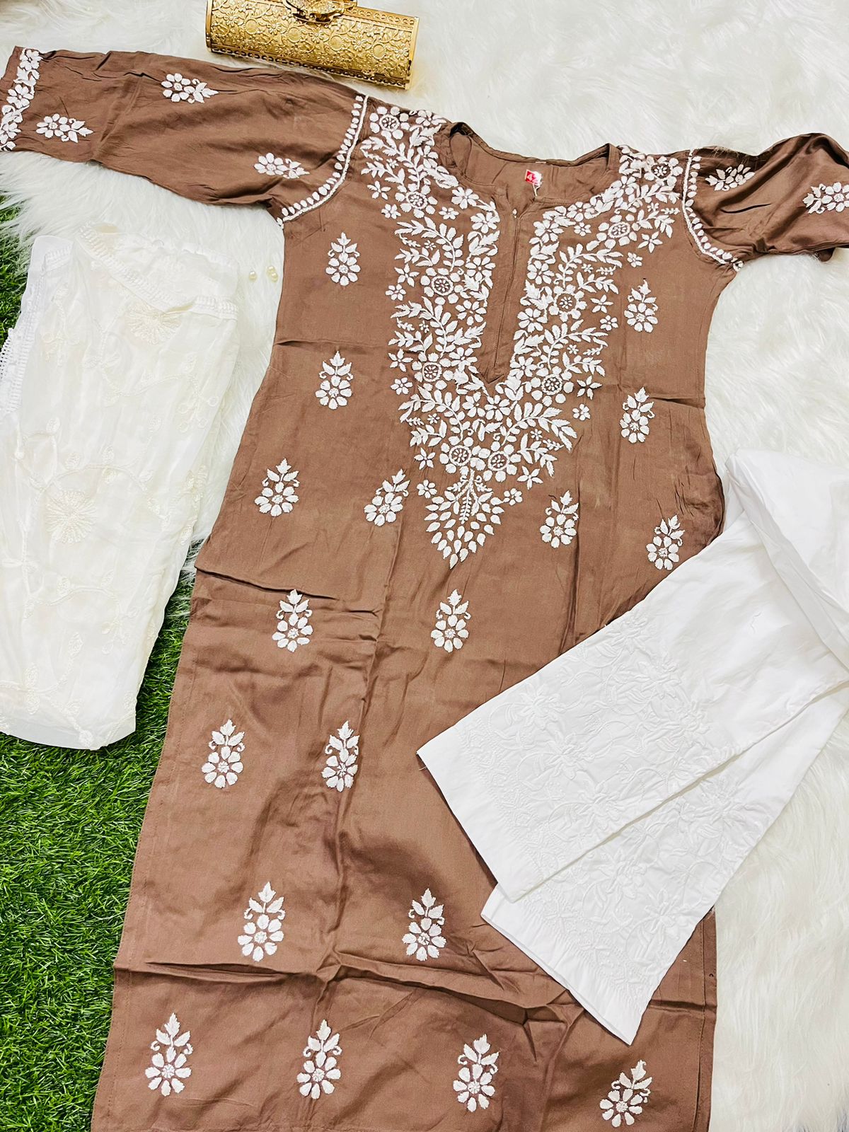 Brown 3-Piece Lucknowi Chikankari Kurti Set with Chiffon Dupatta