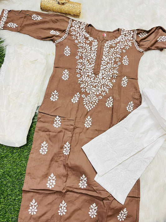 Brown 3-Piece Lucknowi Chikankari Kurti Set with Chiffon Dupatta