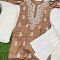 Brown 3-Piece Lucknowi Chikankari Kurti Set with Chiffon Dupatta
