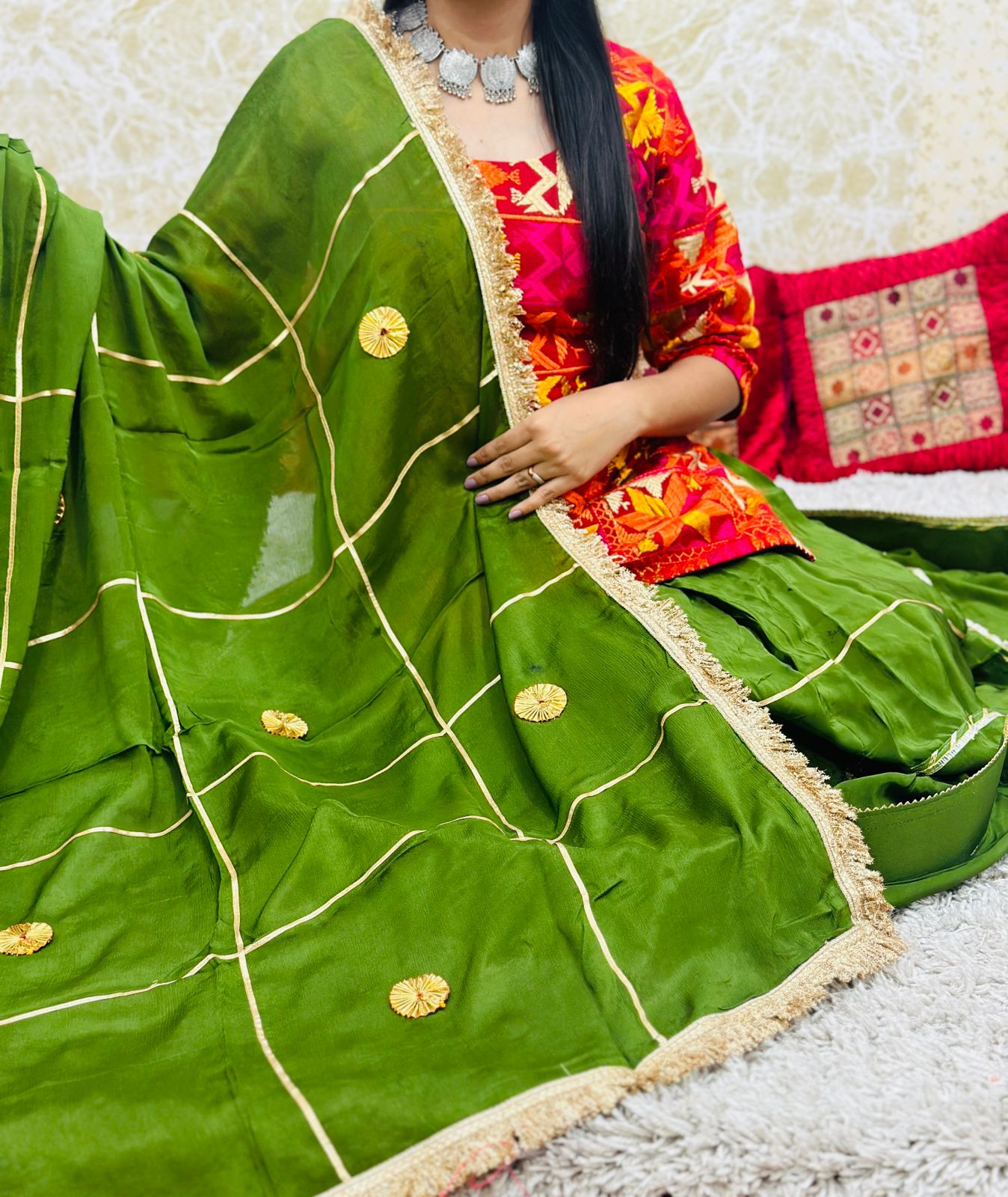 Green Authentic Phulkari Party Wear Lehenga Set