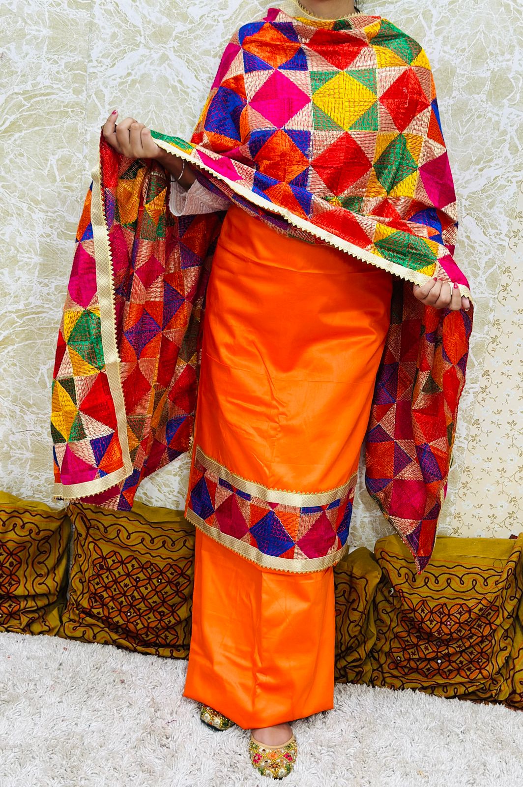 Orange Phulkari Suit Set Zaam Cotton with Embroidered Chinon Dupatta