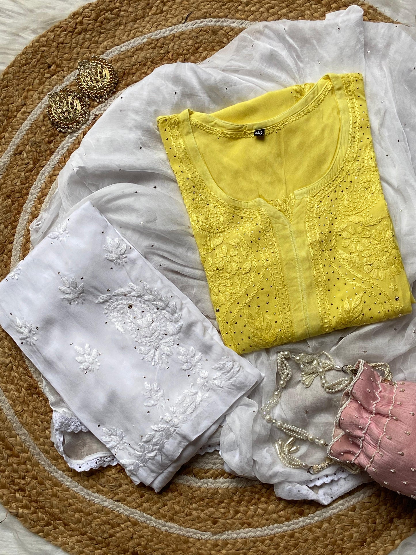 Yellow Mukaish Work Lucknow Chikankari Kurta Set with Palazzo & Dupatta