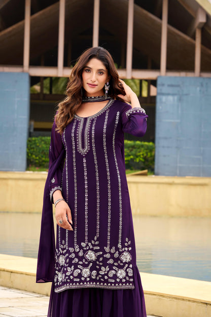 Royal Purple Georgette Sharara Suit Set with Sequin Work