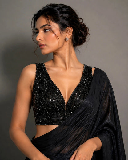 Black Sparkling Georgette Saree with Heavy Beads Work Blouse