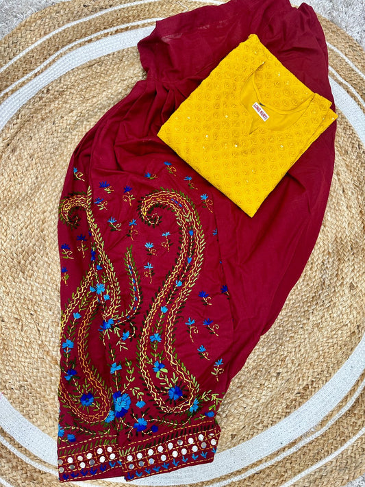 Maroon and Yellow Beautiful Chikankari Sequins Kurti and Patiala Salwar Set