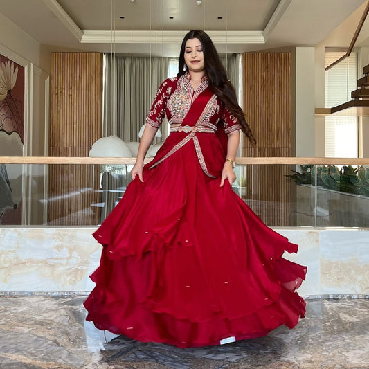 Red Silk Lehenga Saree with Heavy Work Blouse and Belt