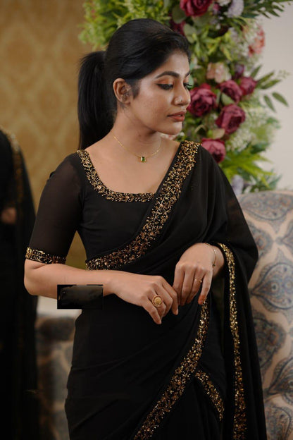 Black Super Hit Georgette Embroidery Gown Saree