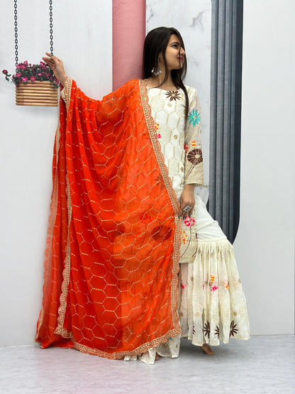 Ethereal White Georgette Sharara Set with Vibrant Orange Dupatta