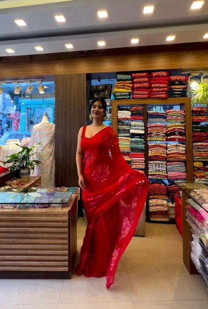 Red Festive Party Wear Georgette Saree with Hand Sequin Work