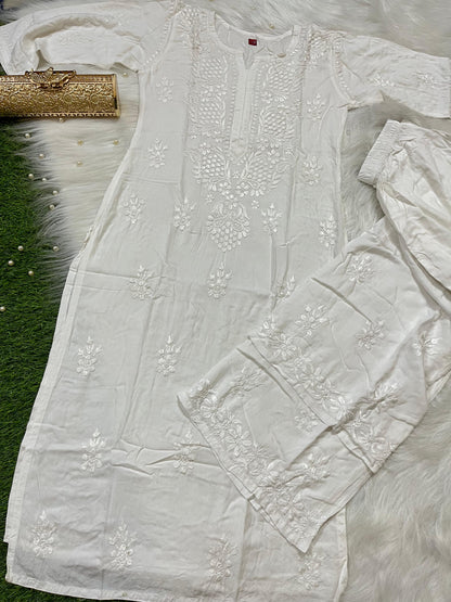 White Premium Lucknow Chikankari handwork Modal Palazzo Set