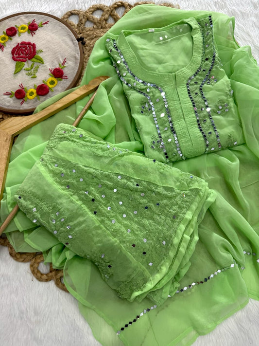 Mint Green Lucknow Chikankari Mirror Work 3-Piece Sharara Set