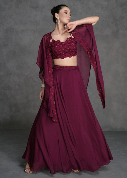 Wine Color Organza Indo Western Lehenga Choli with Floral Embroidered Blouse