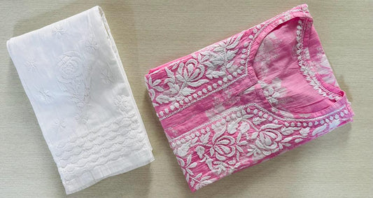 Pink and White Elegant Chikankari MulMul Print Set Top and Pant