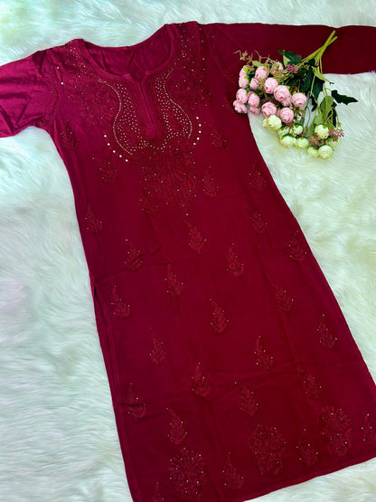 Deep Red Elegant Lucknowi Chikankari Rayon Mukaish Kurti & Pallazo Set ✨ (Up to 5XL)