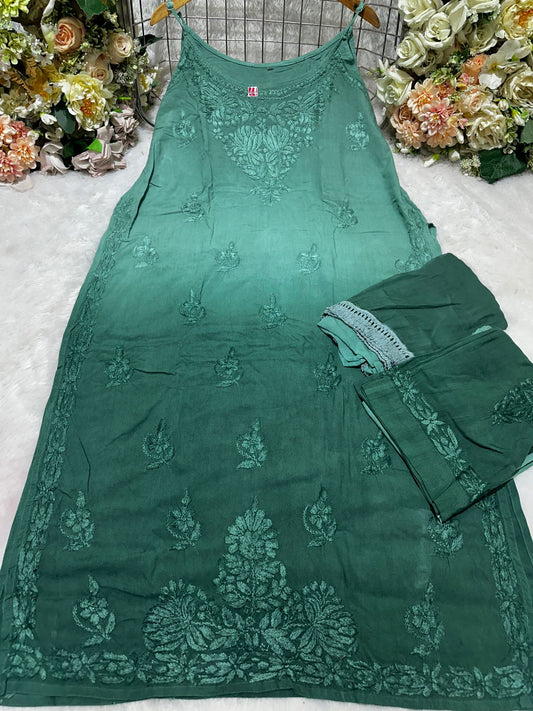 Green Lucknow Chikankari Noodle Strap Kurta + Pant 3-Piece Set