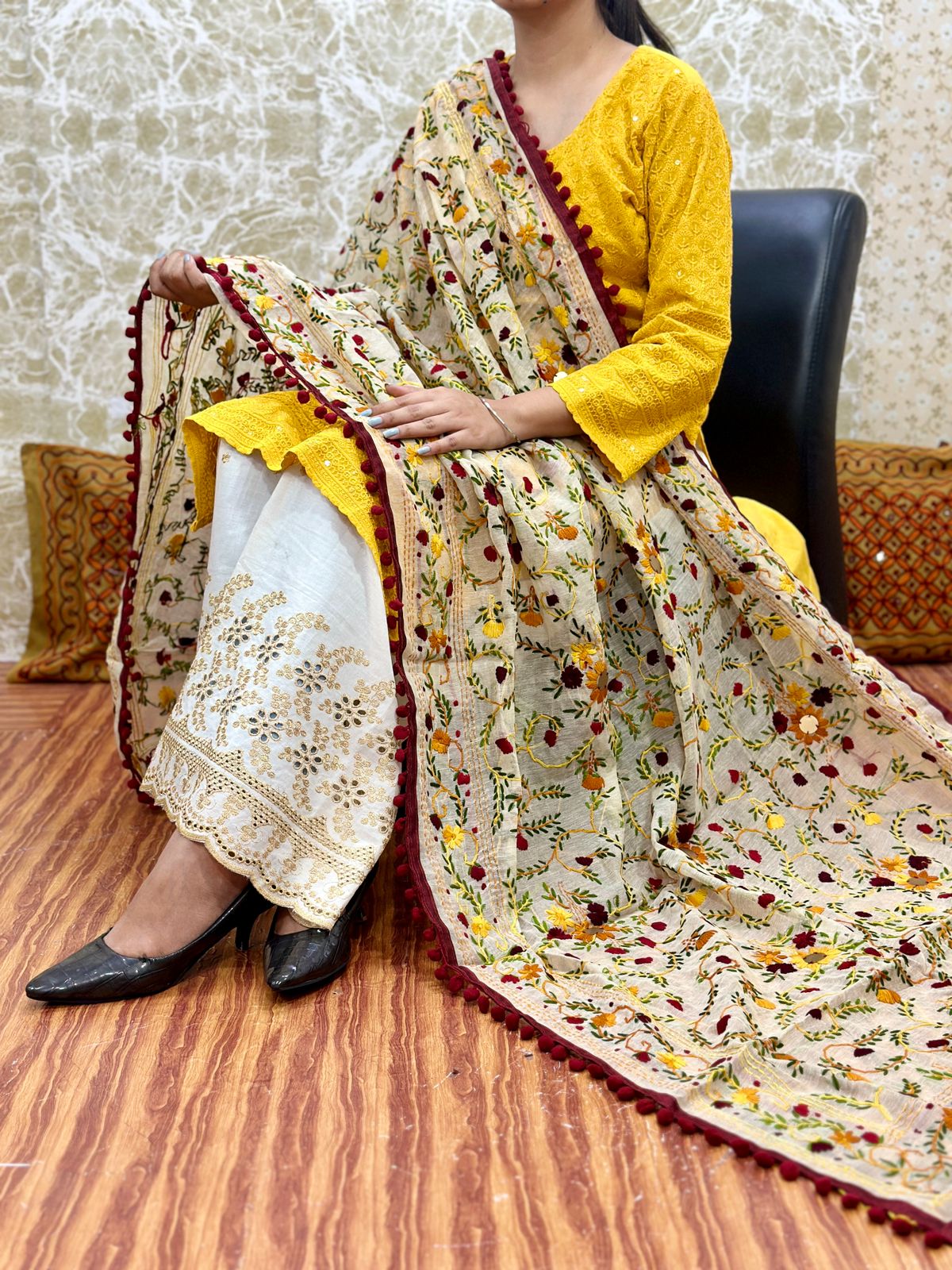 Yellow Design 2 - Chikankari Kurti with Pom Pom Phulkari Dupatta and Zari Mastani Sharara Set