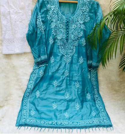 Teal Blue Handcrafted Resham Kurashiya Kurti & Lycra Chikankari Pants Set