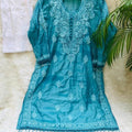 Teal Blue Handcrafted Resham Kurashiya Kurti & Lycra Chikankari Pants Set