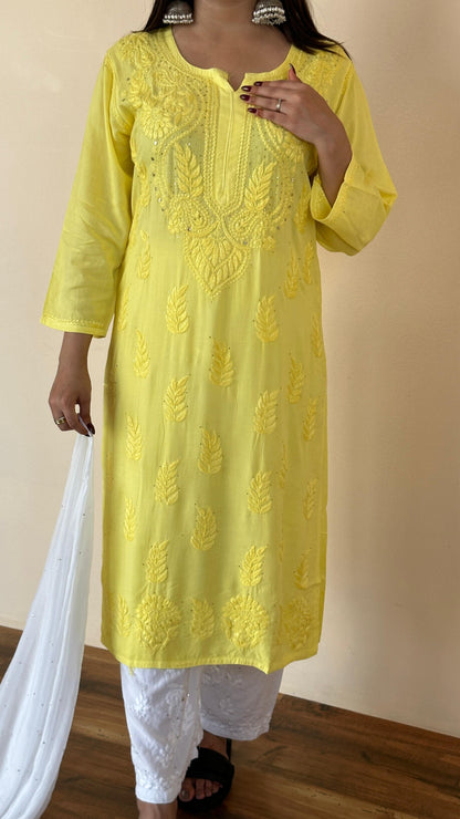 Yellow Mukaish Work Lucknow Chikankari Kurta Set with Palazzo & Dupatta