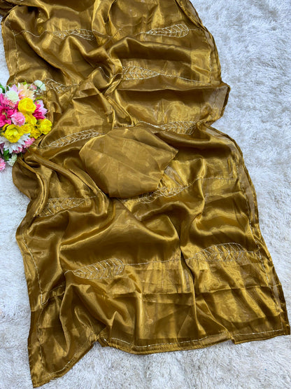 Golden Brown Crape Organza Saree with Intricate Handwork