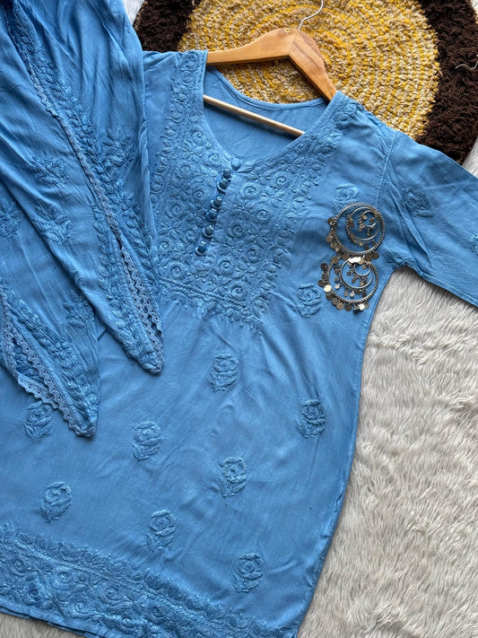 Blue Elegant Lucknow Chikankari Short Kurti with Dhoti Set