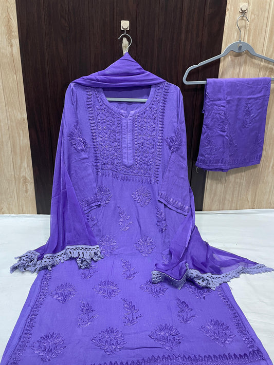 Purple Elegant Lucknow Chikankari Handcrafted 3-Piece Rayon Kurti, Pallazo, and Dupatta Set