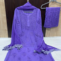 Purple Elegant Lucknow Chikankari Handcrafted 3-Piece Rayon Kurti, Pallazo, and Dupatta Set