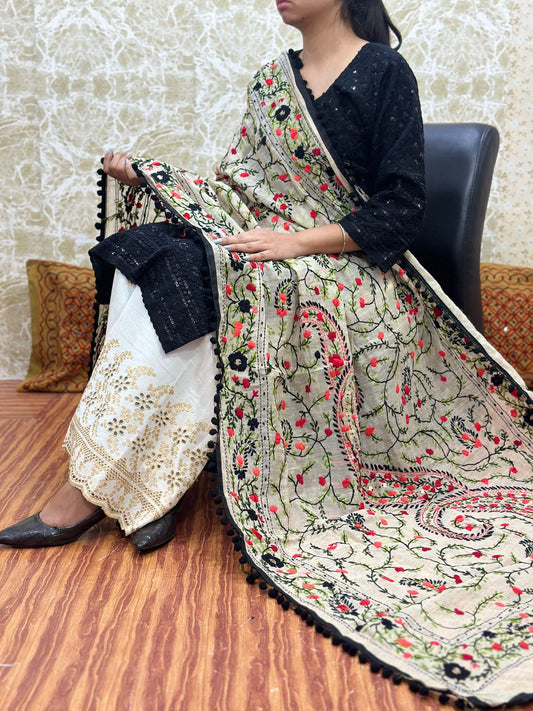 Black Design 1 - Chikankari Kurti with Pom Pom Phulkari Dupatta and Zari Mastani Sharara Set