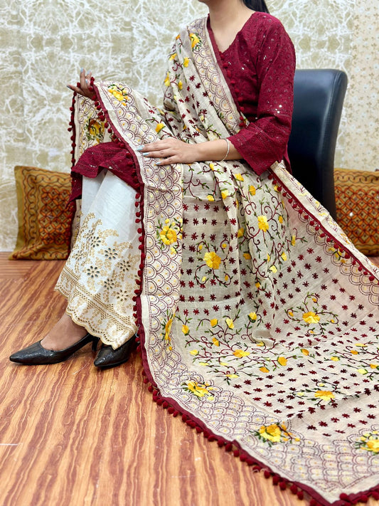 Maroon Design 2 - Chikankari Kurti with Pom Pom Phulkari Dupatta and Zari Mastani Sharara Set