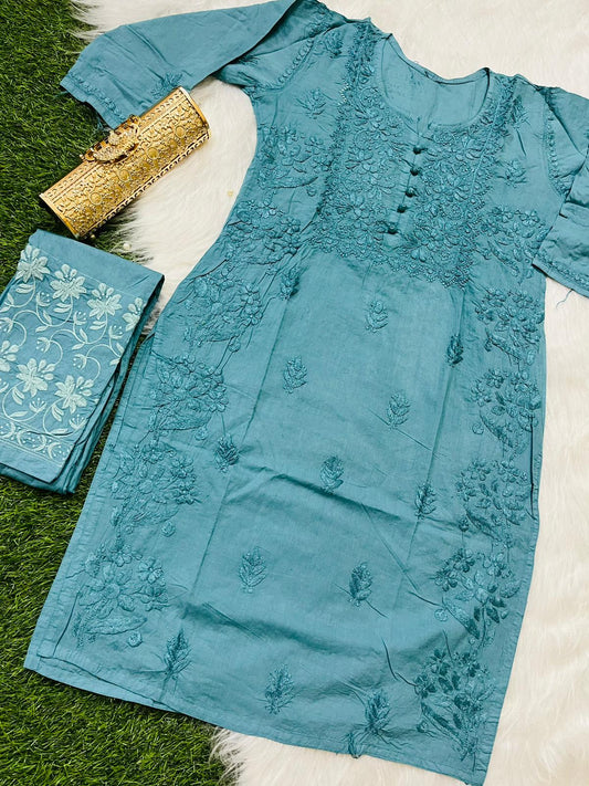 Green Cotton Chikankari Hand Work Kurta Pant Suits