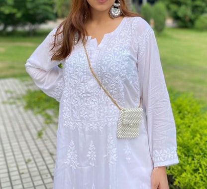 White Modal Lucknow Chikankari Kurti Set 💯 upto 4 XL