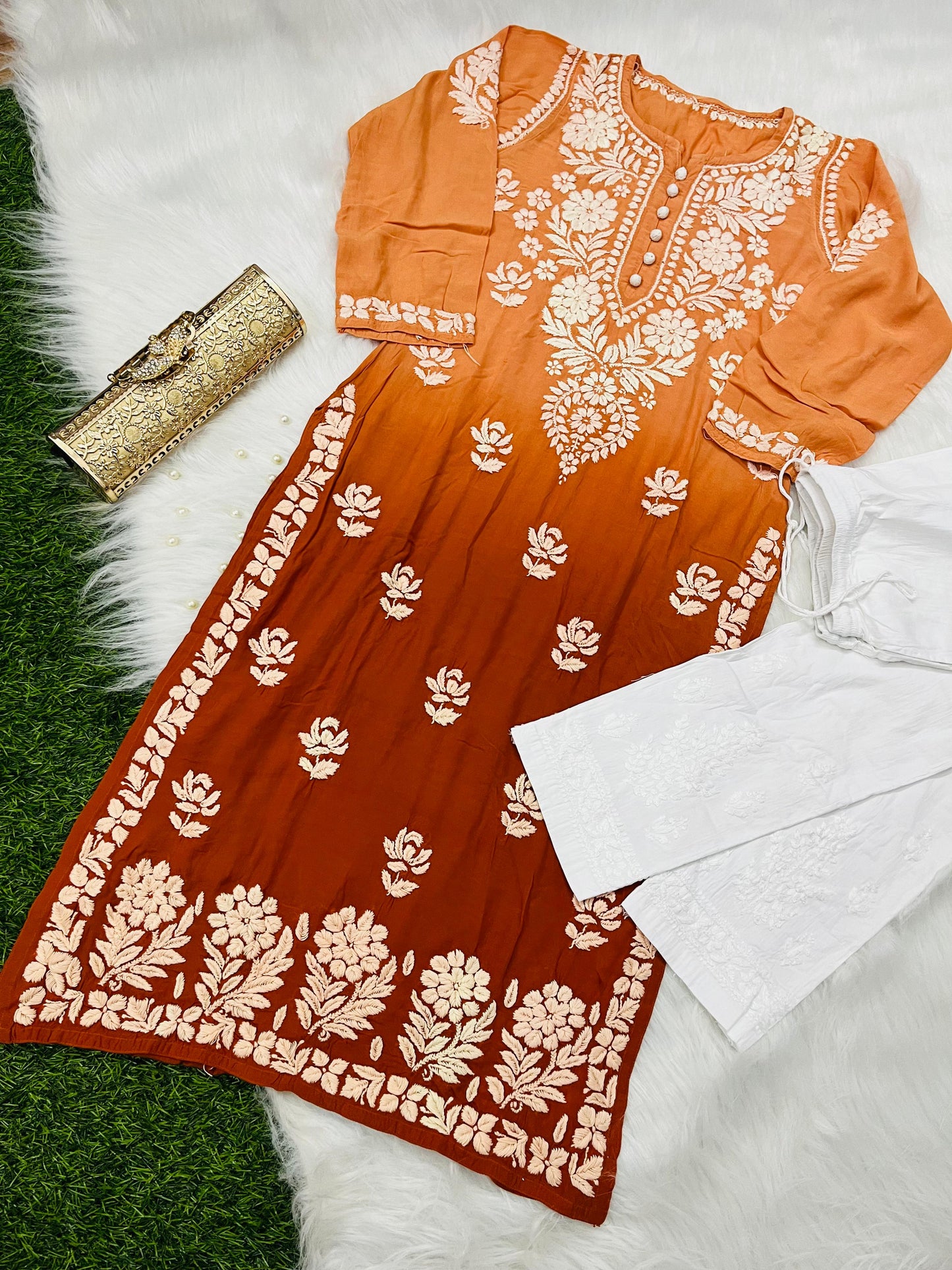 Burnt Orange Designer Muslin Kurti Quraishiya Button Lucknow Chikankari Pant Set