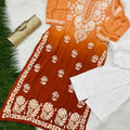 Burnt Orange Designer Muslin Kurti Quraishiya Button Lucknow Chikankari Pant Set