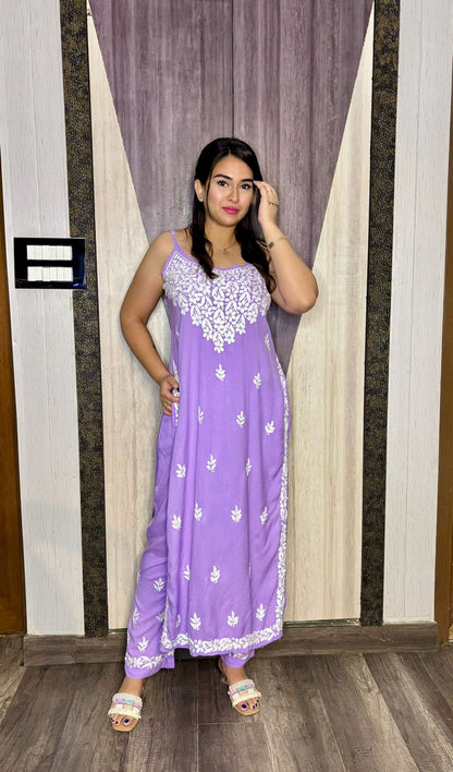 Lavendar Lucknow Chikankari Strappy Kurti and Pant Co-ord Set (Limited Stock)