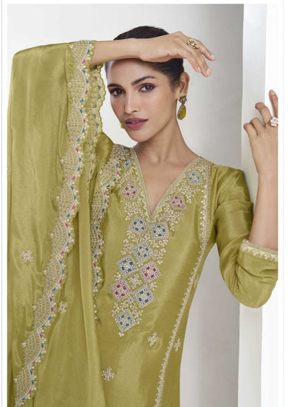 Green Premium Chinnon Silk Party Wear Kurta Palazzo Dupatta Set