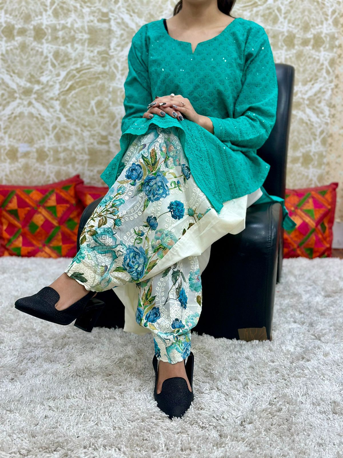 Teal Chikan Kurti with Digital Patiala Salwar Set